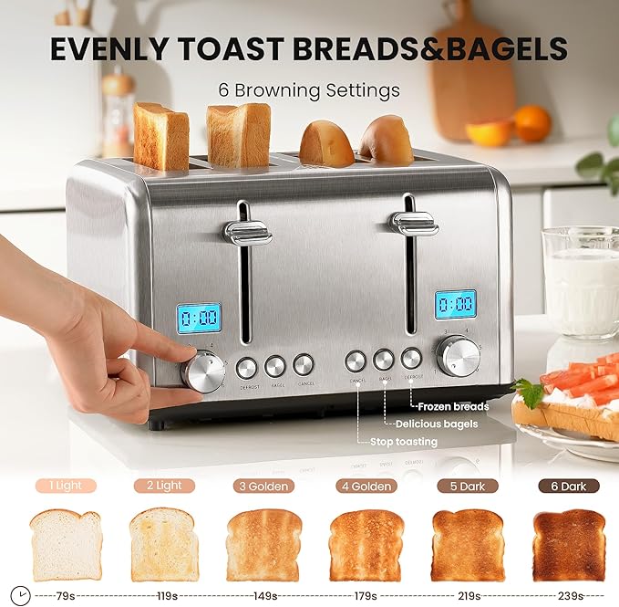 Roter Mond Countdown Stainless Steel 4 Slice Toaster with Bagel, Defrost, Cancel Function, Dual Toaster, Extra Wide Slots, 6 Shade Settings, Removable Crumb Trays, 1650W