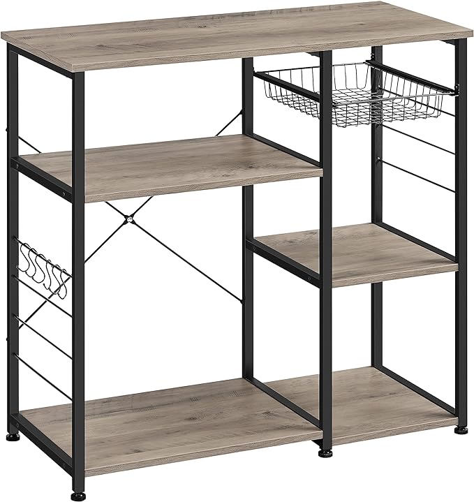 VASAGLE ALINRU Kitchen Baker’s Rack, Coffee Bar, Microwave Oven Stand, with Steel Frame, Wire Basket, 6 Hooks, for Mini Oven, Spices Utensils, Industrial, Greige and Black UKKS090B02