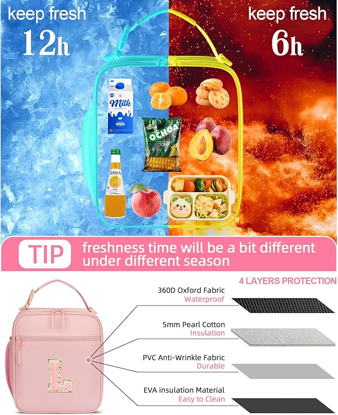 Initial Insulated Lunch Bag for Girls Kids, Back to School Gift, Reusable Leak-proof Lunch Box with Adjustable Strap for School Daycare Travel Picnic (Pink,L)