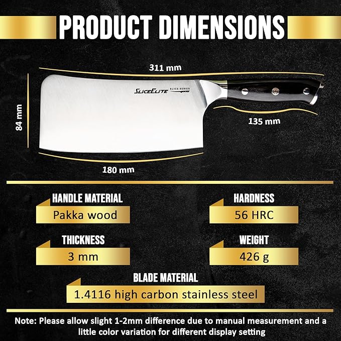 SliceElite Slice Series 7 Inch Bone Cutting knife High Carbon German Steel Blade Pakkawood Handle Dual Sheath Cleaver Chopper Butcher Tool Heavy Duty Kitchen Meat Slicer Vegetable Sharp Gift BBQ Chef