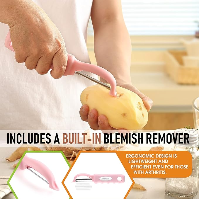 Spring Chef Premium Swivel Vegetable Peeler, Soft Grip Handle and Ultra Sharp Stainless Steel Blades - Perfect Kitchen Peeler For Veggie, Fruit, Potato, Carrot, Apple - Pink Lemonade - Set of 2