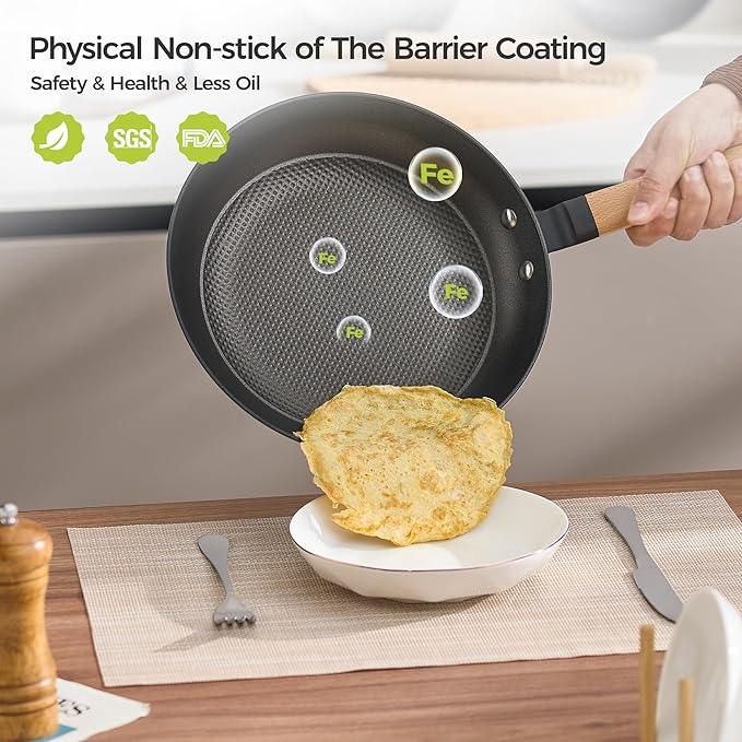 YUTANN 8" Pre-Seasoned Enameled Cast Iron Skillet, Non-Stick Egg Frying Pan with Detachable Wooden Handle,PFAS/PFOA Free,Oven & Dishwasher Safe,Perfect for Healthy Cooking