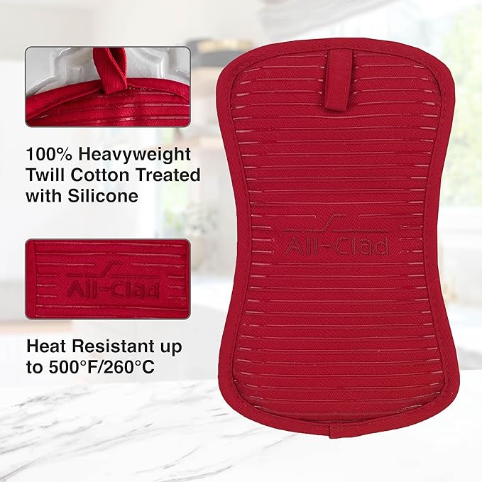 All-Clad Premium Pot Holder & Heating Pad, (1-Pack) Heat Resistant to 500 Degrees, 100% Cotton 10"x6.25" for Kitchen and Barbeque, Chili Red