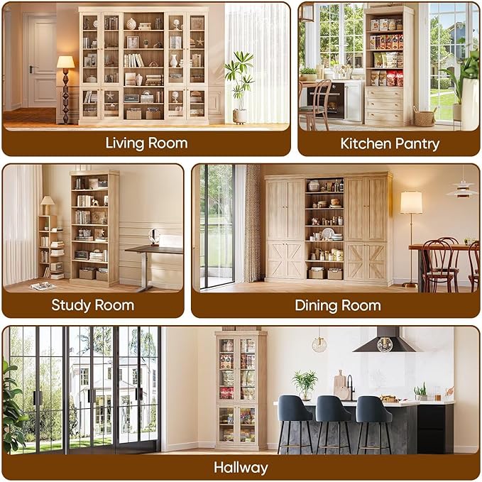 70.8" Bookshelf with Glass Doors, Farmhouse Modular Bookcase with 6-Tier Adjustable Shelves, Large Storage Cabinet for Living Room & Home Office, Brown