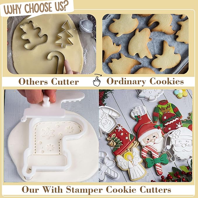 Flycalf Christmas Cookie Cutters Elf Shapes with Plunger Stamps Holiday PLA Baking Accessories Cutter Molds Gifts Decorative Party 3" Kitchen Cake Supplies