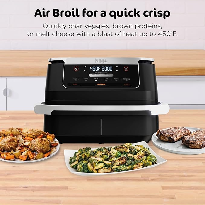 Ninja Foodi 6-in-1 FlexBasket Air Fryer with 7-QT MegaZone & Basket Divider for Large Proteins & Full Meals, Smart Finish Cook 2 Foods 2 Ways, Family Sized Capacity, Air Fry, Roast & More, Black DZ071
