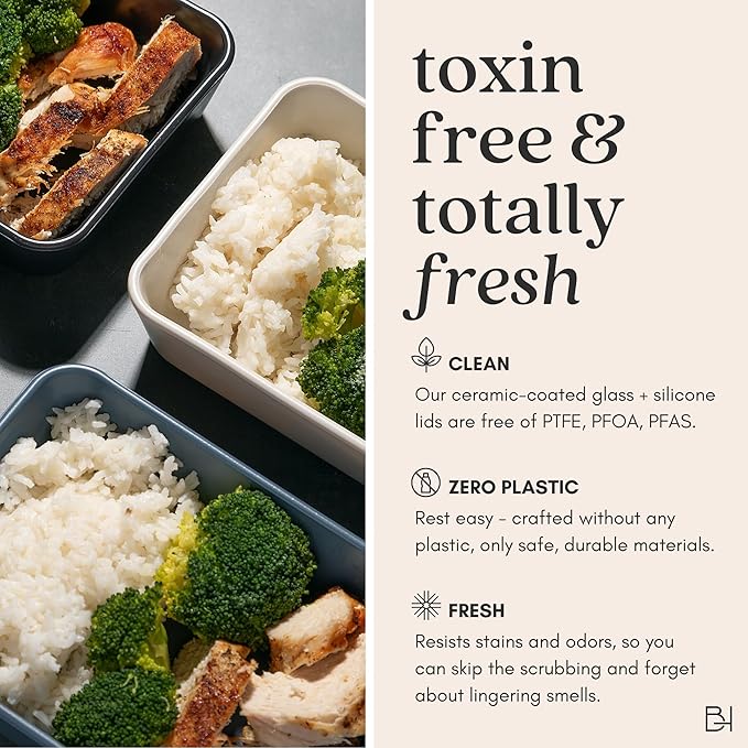 Ceramic Coated Glass Food Storage Container | No PTFE, PFOA, PFAS, and BPA | Reusable Non Toxic Meal Prep Container with Glass Lid | Easy To Store | 5 Cup Square [Pine]