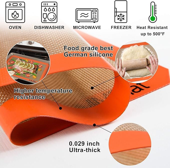 Silicone Baking Mat - Best German Silicone - Non Slip Silicone Baking Sheet, Non Stick Reusable Silicone Mats for Baking, Oven Liner, Counter Mat - Half + Medium + Quarter Baking Sheets Set