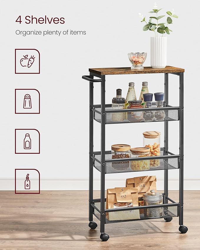 VASAGLE Slim Rolling Cart, 4-Tier Storage Cart, Narrow Cart with Handle, 8.7 Inches Deep, Metal Frame, for Kitchen, Dining Room, Living Room, Home Office, Rustic Brown and Classic Black ULRC033B01