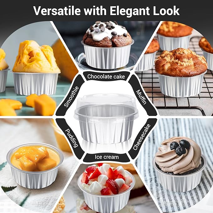 EUSOAR Muffin Cupcake Liners for Baking, 50pcs 5oz 125ml Disposable Ramekins, Aluminum Foil Muffin Liners Cups with Lids, Disposable Aluminum Foil Cupcake Baking Cups Holders Cases Boxes Pans with Lid