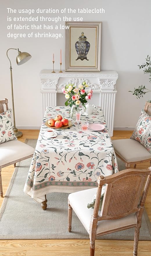 ISAENNE Designer Chinoiserie Linen Floral Rectangular Tablecloth,White Wrinkle Resistant Table Cloth,Elegant Decor Tablecloths for Dining Thanksgiving Kitchen Party Christmas,55"*87"-Daffy