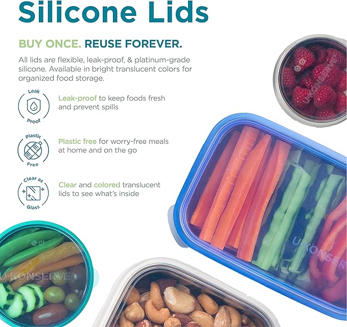 U Konserve Stainless Steel Food Storage Bento Box Container, Leak Proof Silicone Lid Dishwasher Safe - Plastic Free (15oz Teal)