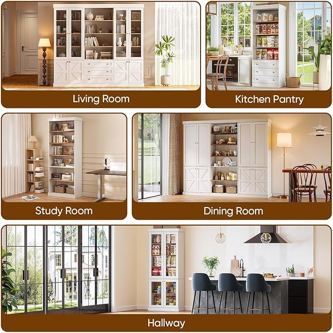 70.8" Tall Farmhouse Bookshelf with Glass Doors, Modular Bookcase with 6-Tier Adjustable Shelves, Large Storage Cabinet for Kitchen, Living Room, White, Set of 4