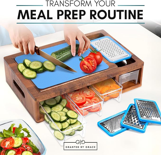 Acacia Cutting Board with Containers & Lids - Board Meal Prep System w 4 Graters, 2 Plastic Chopping Board for Meat, Juice Grooves & More - Cutting Board Prep Station for Kitchen