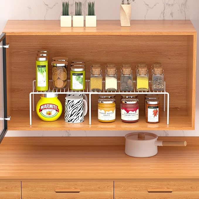 iPEGTOP Set of 2 Expandable Kitchen Cupboard Organiser, 4-Piece Adjustable Freezer Cabinet Storage Wire Shelf Rack Rustproof Metal Shelves Space Saver for Countertop Pantry Drawer Utensils (White)