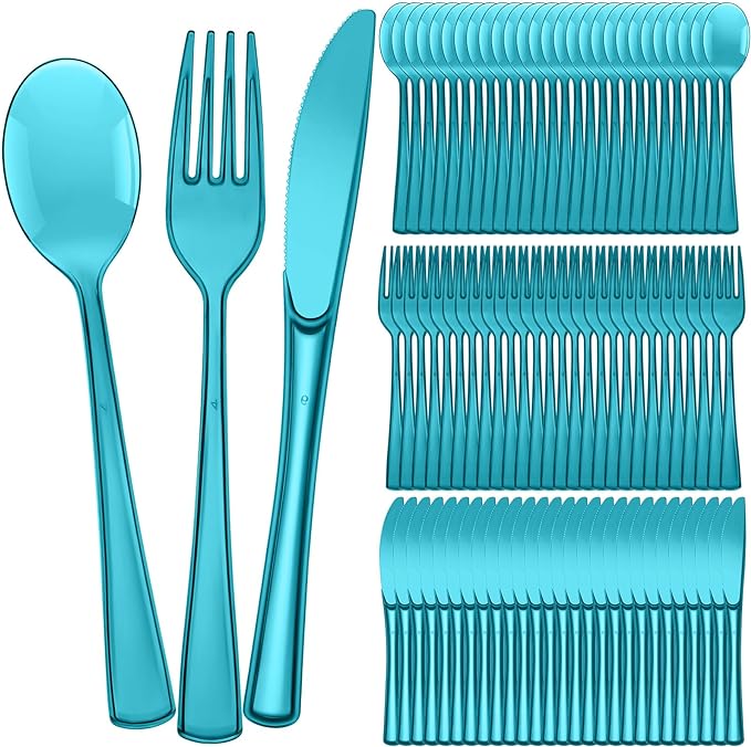 Minatee 150 Pieces Disposable Cutlery Set Plastic Silverware Heavy Duty Utensil Sets 50 Forks 50 Knives 50 Spoons for Home Office School Party Picnics Restaurant Outdoor Events(Peacock Blue)
