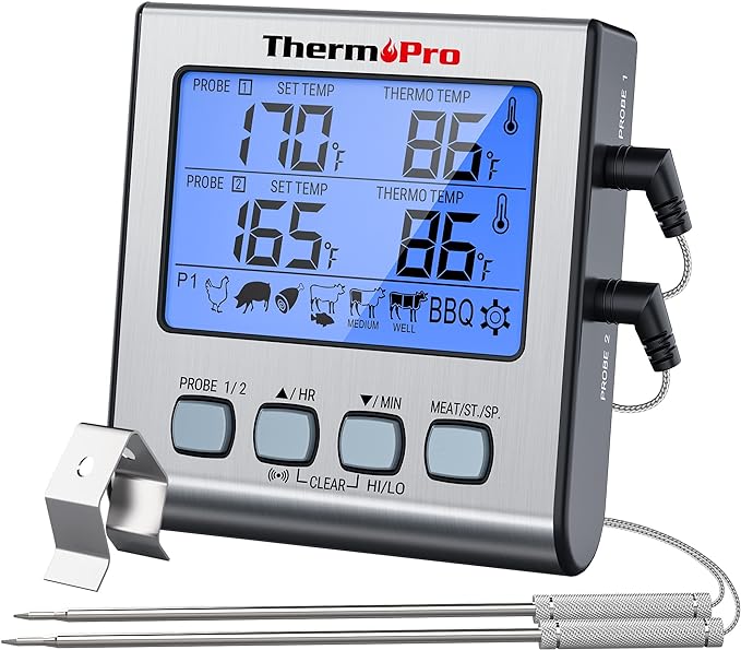 ThermoPro TP17 Dual Probe Digital Cooking Meat Thermometer Large LCD Backlight Food Grill Thermometer with Timer Mode for Smoker Kitchen Oven BBQ, Silver
