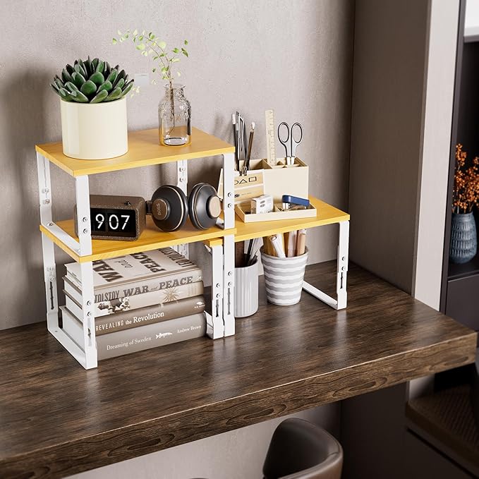 Adjustable Storage Shelves for Kitchen Cabinet Organization - Set of 2 Stackable Metal & Solid Wood Racks, Space-Saving Design for Countertop/Pantry/Garage, Easy Assembly(2 Packs/Large/White)