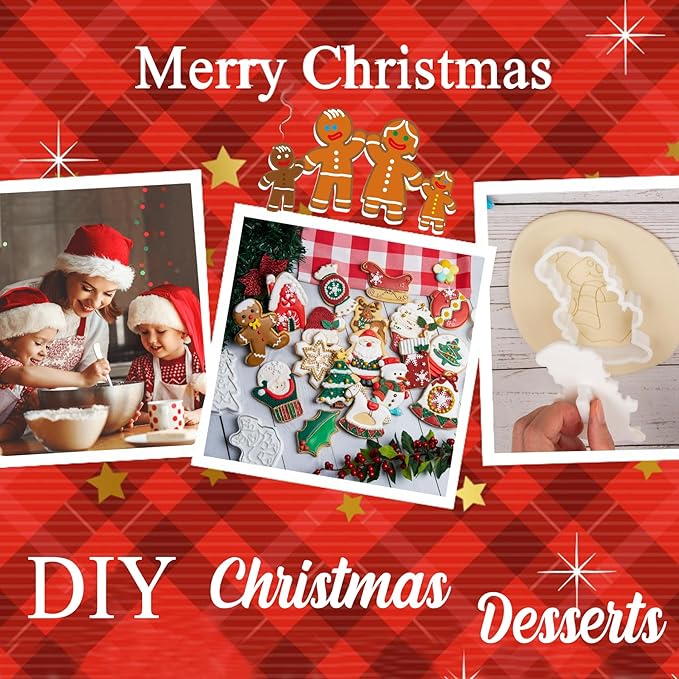 Flycalf Christmas Cookie Cutters Set of 6 with Stamper Stencil 3D Cake Decorating Pastry Kitchen Mold Supplies Holiday Birthday Party Biscuit Fondant Tools