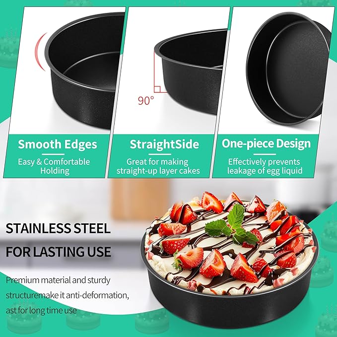 P&P CHEF Non-stick Cake Pan Set of 4, 8 Inch Round Baking Cake Pans Tins for Tier Smash Cakes, Non-Toxic & Solid, Stainless Steel Core & Leak-Proof, 4Pcs