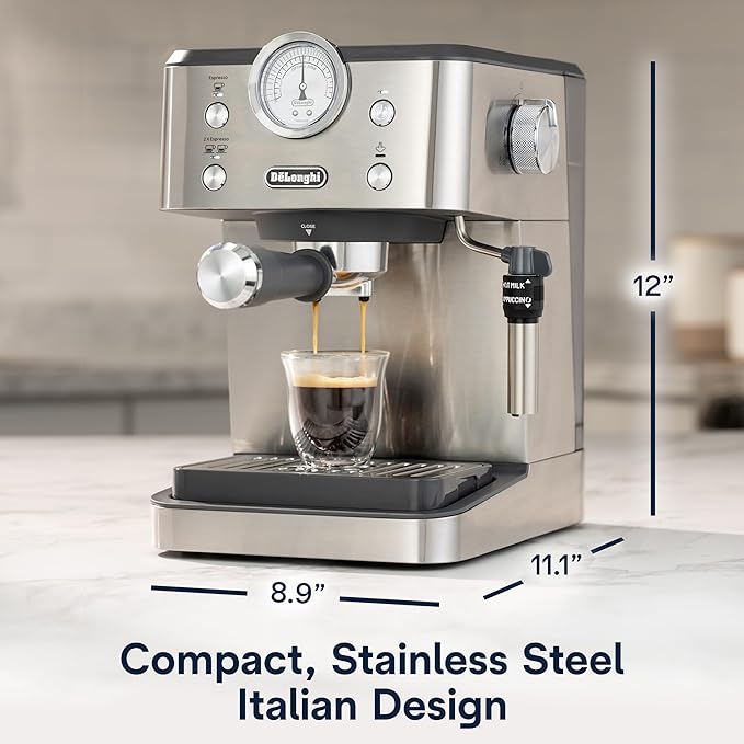 De’Longhi Classic Espresso Machine with Milk Frother, 15-Bar Pump & Temperature Control - Barista Coffee Maker Kit for Espresso, Latte, Cappuccino & Iced Coffee - Italian Stainless Steel Design