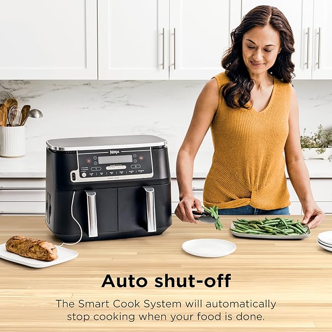 Ninja DZ550 Foodi 10 Quart 6-in-1 DualZone Smart XL Air Fryer with 2 Independent Baskets, Smart Cook Thermometer for Perfect Doneness, Match Cook & Smart Finish to Roast, Dehydrate & More, Grey