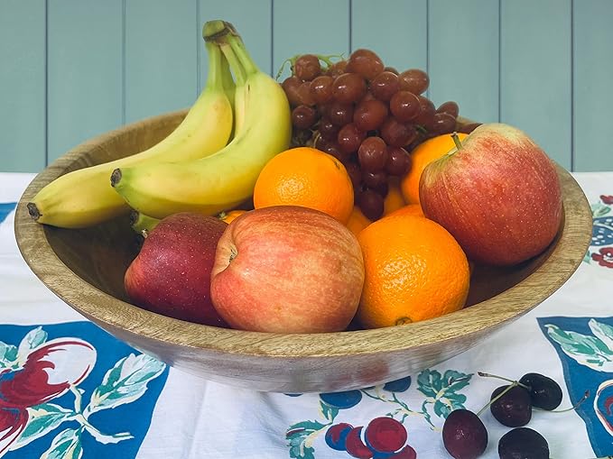 Extra Large Wooden Salad Bowl Set - 1/2" Thick Mango Wood Serving Bowl with Utensils, Wooden Mixing Bowls, Decorative Kitchen Dinnerware for Popcorn, Pasta, & Chips, Dishes - 15 Inch