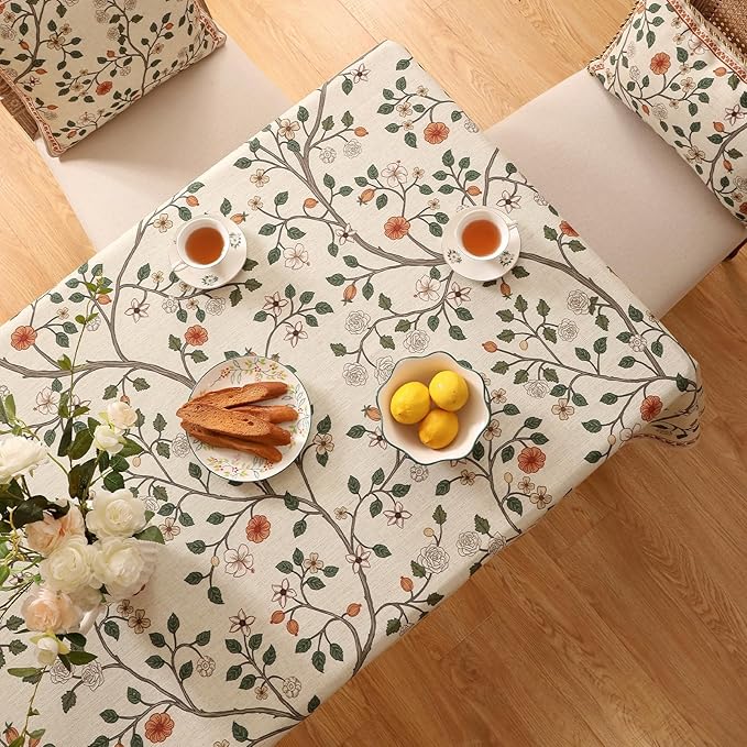 ISAENNE Designer Floral Extra Long Rectangle Tablecloth,French Linen Light Beige Indoor Table Cloth,Fall Wrinkle Resistant Decor Tablecloths for Dining Thanksgiving Kitchen,67"*118"-Flora A