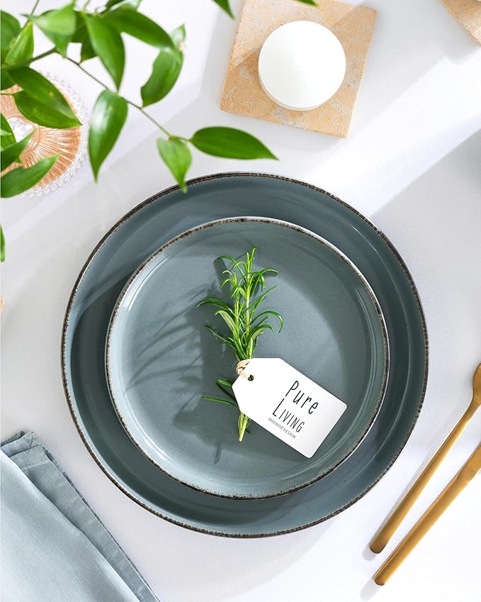Stoneware dinnerware set 4 persons Rustic 12 pcs - Rustic design dinnerware set, dishwasher safe - Bowl and plate set - Pure Living dinnerware in smoky blue…