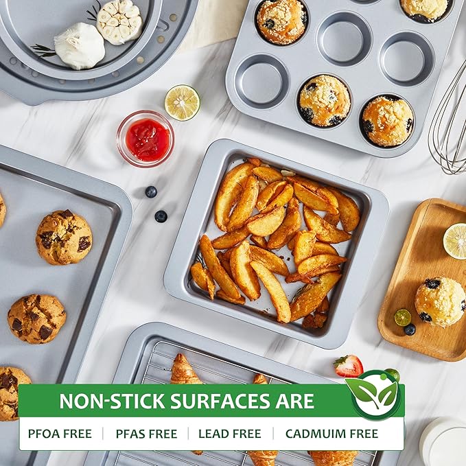 HONGBAKE Bakeware Sets, Baking Pans Set, Nonstick Oven Pan for Kitchen with Wider Grips, 10-Piece Including Rack, Cookie Sheet, Cake Pans, Loaf Pan, Muffin Pan, Pizza Pan - Sliver