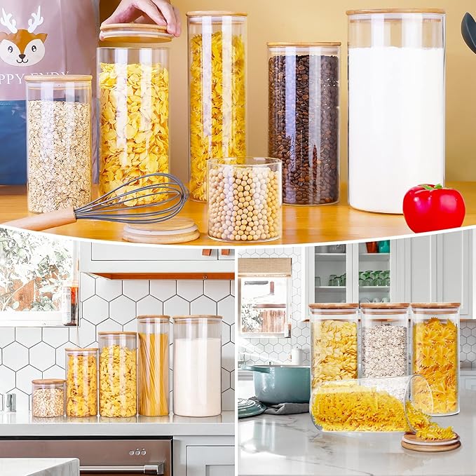 Glass Jars with Bamboo Lids 27 FL OZ [Set of 6], Glass Canisters with Airtight Lids, Glass Food Storage Containers for Coffee, Sugar,Tea, Candies, Cookies,Best for Kitchen & Pantry