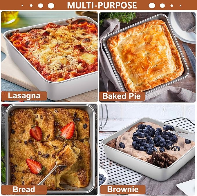 LIANYU 2 Pack 9 x 9 Inch Square Cake Pan, Stainless Steel Baking Lasagna Brownie Bread Pan, Square Bakeware for Birthday Party Wedding, Oven & Dishwasher Safe