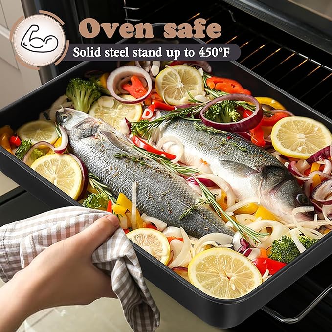 E-far 12.5 x 9.7 Inch Baking Pan Set of 2, Nonstick Stainless Steel Rectangle Cake Pans for Baking Brownies Casseroles Lasagna, Stainless Steel Core & Nonstick Coating, Non-toxic & Oven Safe