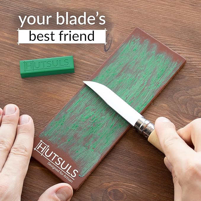 Hutsuls Brown Leather Strop with Compound - Get Razor-Sharp Edges with Stropping Kit, Green Honing Compound & Vegetable Tanned Two Sided Knife Sharpener Step-by-Step Guide Included