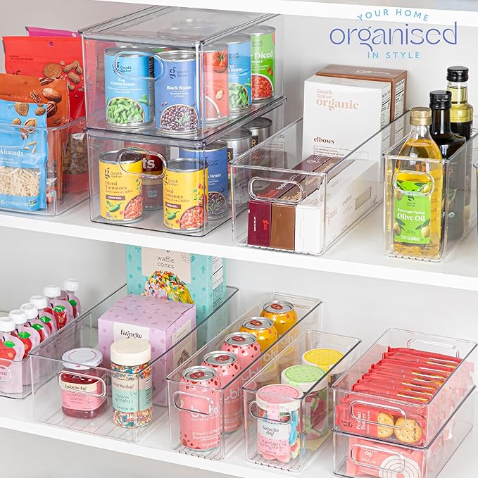 Plastic Food Storage 4 Pack Clear Container Bin with Handles for Organizing Kitchen, Pantry, Refrigerator, Freezer, Pantry, Cabinet, Closet, Bathroom. 14”x4”x5”