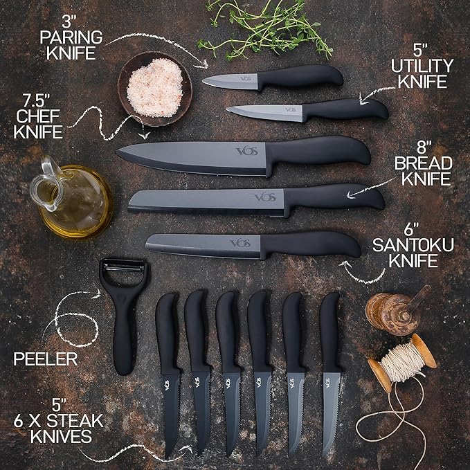 Vos Ceramic Knife Set With Block - 13-Piece Ceramic Knives Set For Kitchen, Includes Chef, Santoku, Bread Knives, Steak Knives, Peeler & Elegant Wooden Block - Ultra-Sharp, Dishwasher safe,Lightweight
