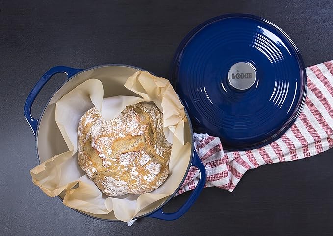 Lodge 6 Quart Enameled Cast Iron Dutch Oven with Lid – Dual Handles – Oven Safe up to 500° F or on Stovetop - Use to Marinate, Cook, Bake, Refrigerate and Serve – Indigo