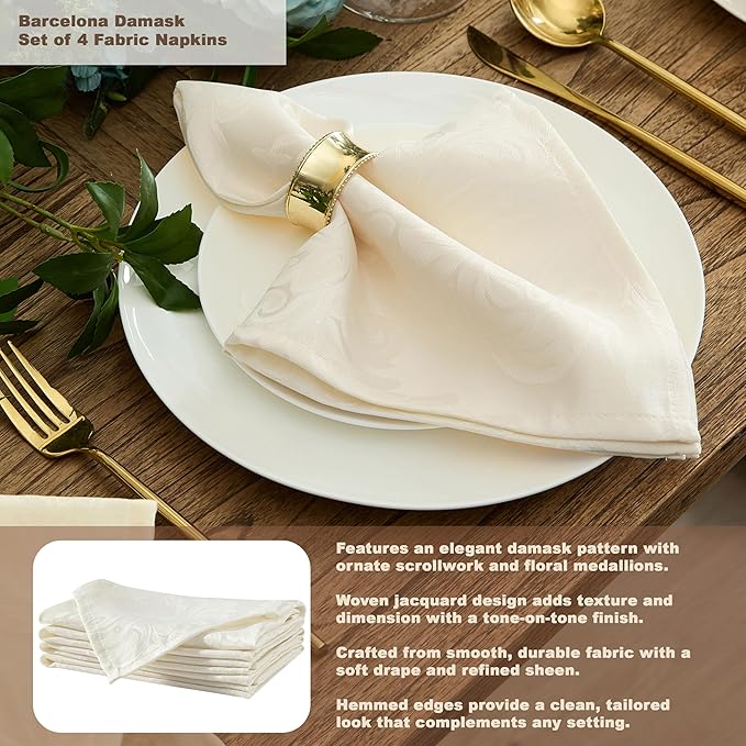 Newbridge Barcelona Luxury Damask Fabric Tablecloth, 70” x 70”, Square, Antique White, 100% Polyester, No Iron, Soil Resistant Dining Room, Party and Banquet Table Cover