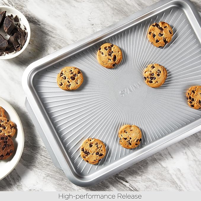 SYAINN Non-stick Ceramic Baking Sheet Set, 3 Pieces- Aluminum Steel Cookie Sheets for Baking-Includes Half/Quarter/Jelly Roll Pans-Warp Resistant, Toxic, PTFE & PFOA Free-Blue