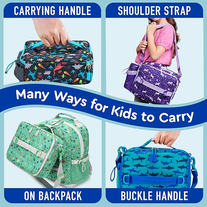 Bentgo Kids Lunch Bag - Durable, Double-Insulated Lunch Bag for Kids 3+; Holds Lunch Box, Water Bottle, & Snacks; Easy-Clean Water-Resistant Fabric & Multiple Zippered Pockets (Shark)