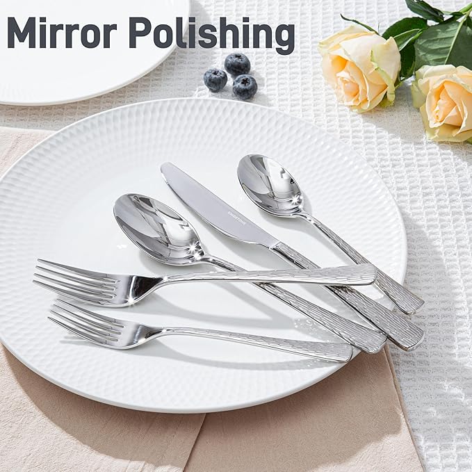 KINGSTONE Hammered Silverware Set, Flatware Set with Serving Utensils, 18/10 Stainless Steel Premium Cutlery with Unique Ripple Handles Design Mirror Polished - Dishwasher Safe (45-Piece)
