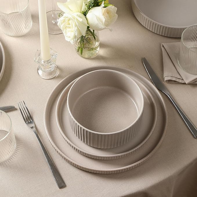 Stone Lain Haven Modern Stoneware 4 Piece Dinner Plates Sets, Dish Set for 4,Reactive Glaze Beige
