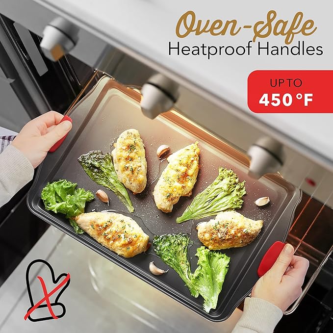 Baking Sheet Set, 3-Piece Cookie Sheet Set with Silicone Handles, Steel Baking Pans Set, Durable Baking Sheets for Oven, BPA Free Cookie Sheets for Baking Nonstick Set, Sheet Pan - Black Baking Pan