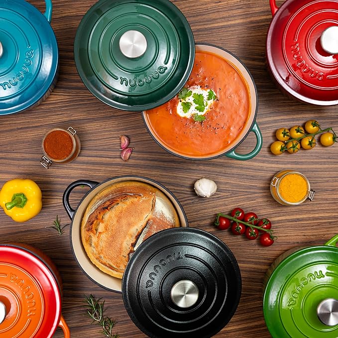 Cast Iron Pot with Lid – Non-Stick Ovenproof Enamelled Casserole Pot, Oven Safe up to 500° F – Sturdy Dutch Oven Cookware – Red, 5-Quart, 24cm – by Nuovva