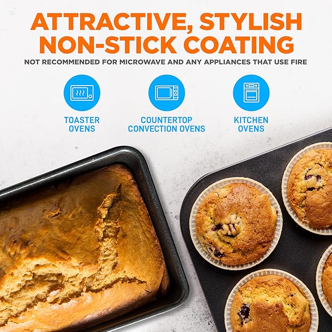 NutriChef 8-Piece Stackable Nonstick Bakeware Set - Premium Steel Baking Pans Set - Includes Round Cake Pan, 6-Cup Muffin Pans, Wide/Square Brownie & Loaf Pans, Cookie Sheet, & Roaster Pan (Black)