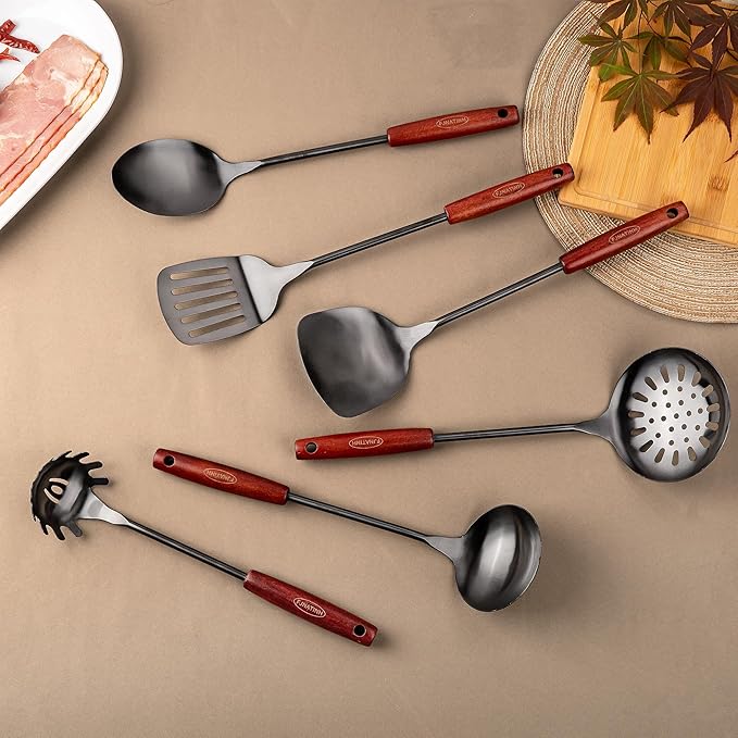 FJNATINH 304 Stainless Steel Kitchen Utensil Sets - 6 PCS Wok Spatula Sets Cooking Utensil Tools Spatula, Soup Ladle, Skimmer Spoon, Slotted Spatula Tunner, Spaghetti Spoon, Large Spoon