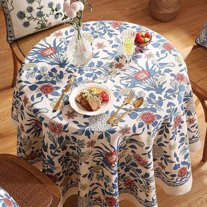 patdrea Designer Small Blue Tablecloth for Round Table,Vintage Linen Leaves and Floral Pattern Tablecloths,Farmhouse Decor Cover for Kitchen Dining Christmas,Thanksgiving,Diameter 55"-Ivar a