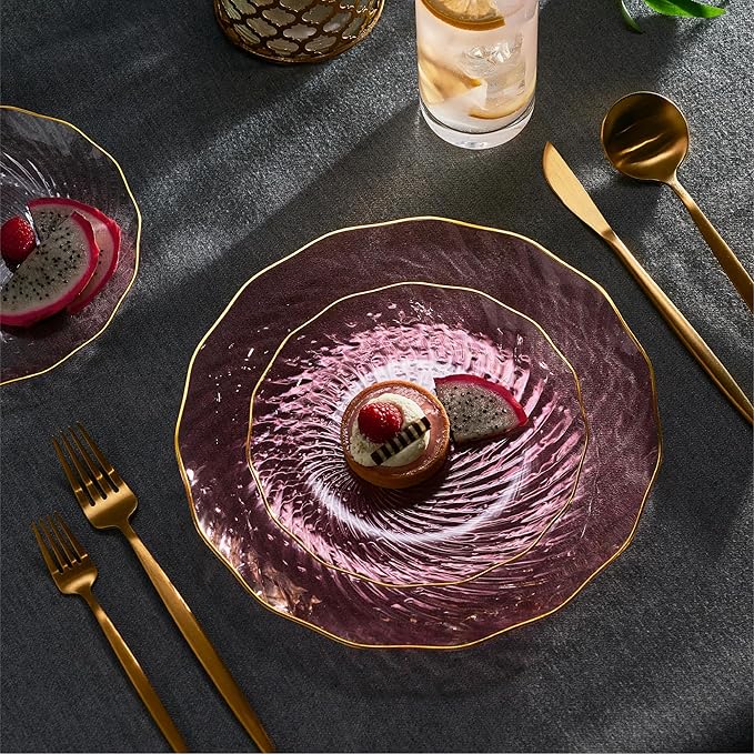 PLASTICPRO 120 Pack Plastic Plates Set of 60-10 inch Plates and 60-7 inch Plates, Elegant Clear Pink Spiral and Gold Rim Disposable Fancy Plates Premium Heavyweight