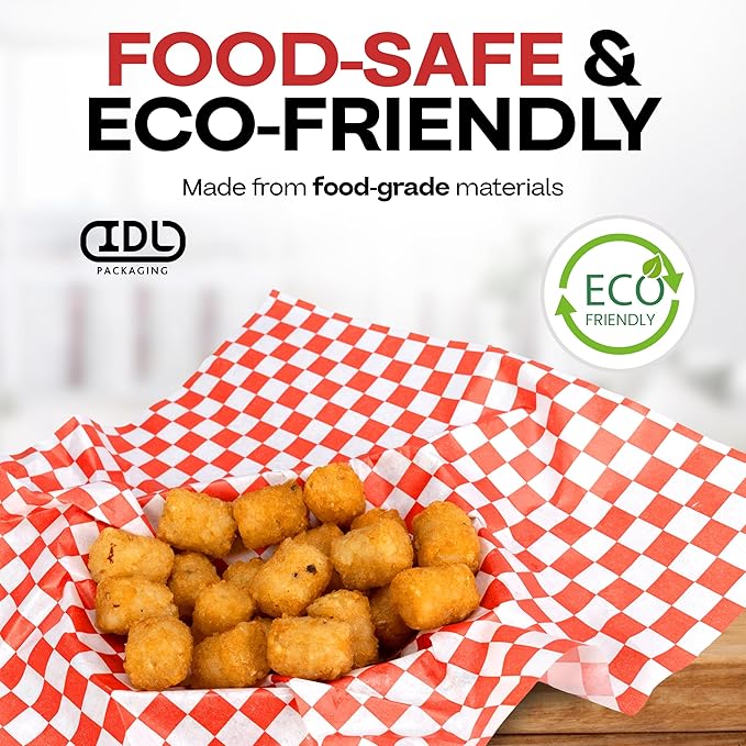 Red Checkered Deli Paper Sheets, 12" x 12" (1000 pcs.) - USA-Made Premium Food Basket Liners - PFAS-free Grease Resistant Deli Paper Sheets for Snack & Baking Wrap, Picnic & Party by IDL Packaging
