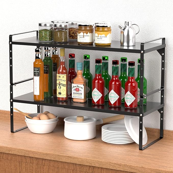 iPEGTOP Expandable Cabinet Storage Shelf Organizer Rack, Heavy Duty Steel Metal Spice Rack Adjustable Height Home Office Garage Pantry Shelves for Counter Kitchen Organization, Black, 2 Pack